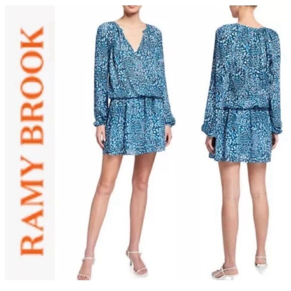 Ramy Brook Printed Landa Animal Print Dress Long Sleeve Short New Womens Sz XS